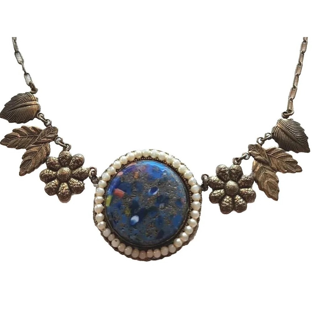Vintage Victorian Art Neveau Boho Floral Blue Stone Faux Pearl Dangle Leaves